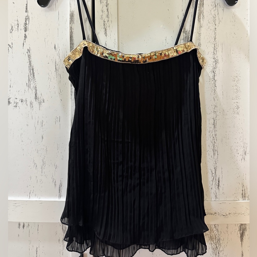 Black tank top with gold sequins trim